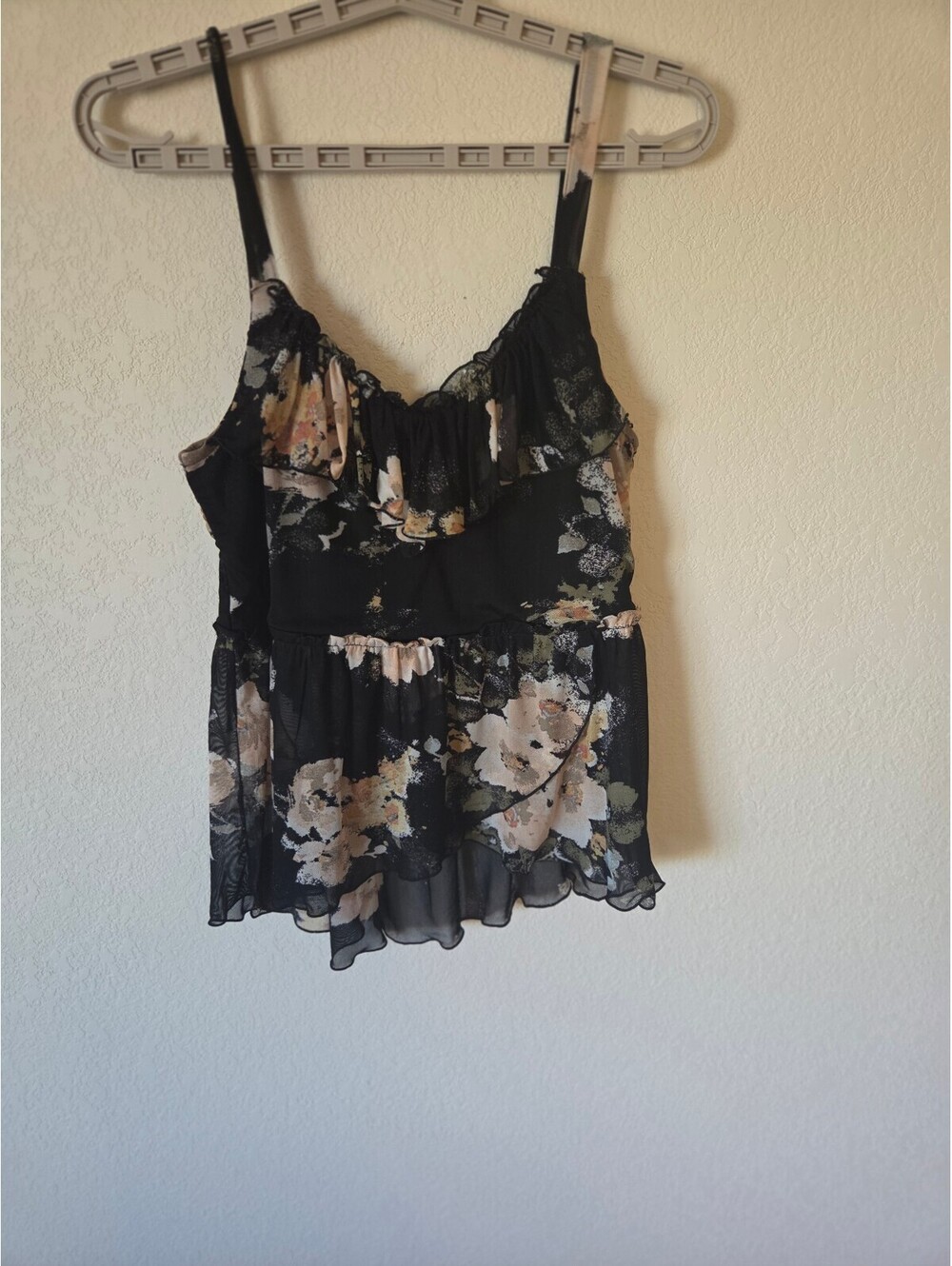 American Rag Medium Black Floral Sheer Ruffle Camisole Top w/ Adjustable Straps